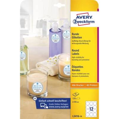 AVERY L3416-10 диаметър 60 мм 120 бр. бели кръгли самозалепващи се етикети (L3416-10)