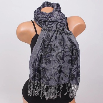 Image 1 of Топъл шал в сиво, черно и тъмносиньо с флорални мотиви