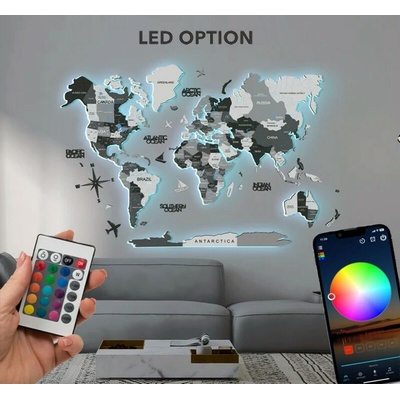 Drevená LED mapa na stenu podsvietená 3D Šedá - (App mobil + diaľkový ovládač) - 200x120 cm