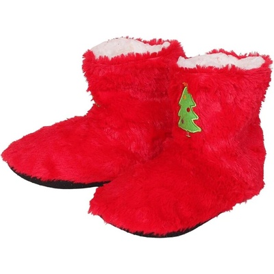 Дамски коледни пантофи-боти в червено с елхичка