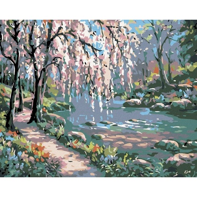 zuty Malování podle čísel Růžový strom nad řekou 50 x 40 cm bez rámu a bez vypnutí plátna