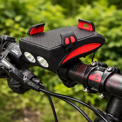Zaparkorun Světlo na kolo Bikerpro 4v1 s držákem na telefon, zvonkem a powerbankou - červené