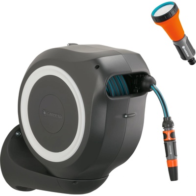 GARDENA wall hose box RollUp M 20 m: Flexible irrigation for medium-sized gardens, swiveling hose reel, with wall bracket, system parts and syringe incl. 20 m Gardena hose (18612-60)