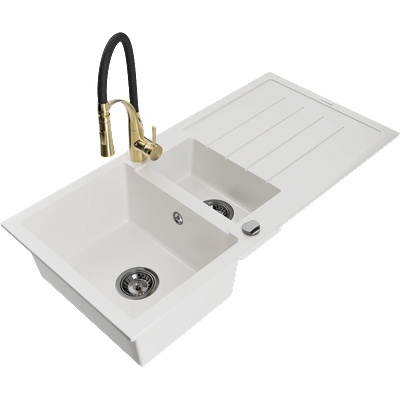 Mexen Andres гранитна мивка 1, 5-коморна с отцедник и кухненски смесител Aster, бял - 6515-20-73450-57-B (6515-20-73450-57-B)