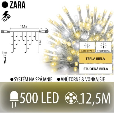 Zara led svetelná záclona vonkajšia flash - 500led - 12,5m teplá biela/flash prebliknutie studená biela - transparentný kábel
