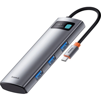 Baseus Baseus Metal Gleam Series Хъб, 7в1, USB-C към USB-C, PD, 3x USB-A, HDMI, SD, TF, сив