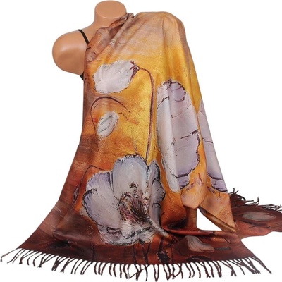 Кашмирен двулицев шал в кафяво и жълто с цветя