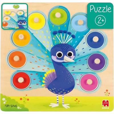 Goula Детски дървен пъзел Goula от 8 части - Научи цветовете с паун (453060)