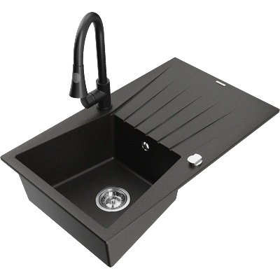Mexen Cesar гранитна мивка с 1 камера с отцедник и кухненски смесител Elia, черен/златист металик - 6514-75-670101-70 (6514-75-670101-70)