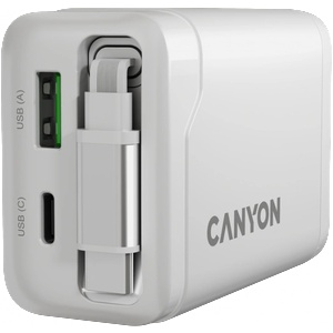CANYON charger OnCharge 65RC Build-In Cable USB-C 65W 1xPD 1xQC EU White (CNS-CURC65ACW) - Allstore