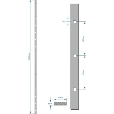 Probíjená tyč 30 x 8 mm, rozteč děr 125 mm, otvor ø 12 x 12 mm, 2000 mm