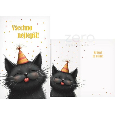 Přání s textem narozeninové + obálka - party kočka