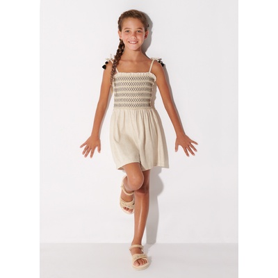 Mayoral Overal lněný s žabičkováním a střapci béžový – Zboží Dáma