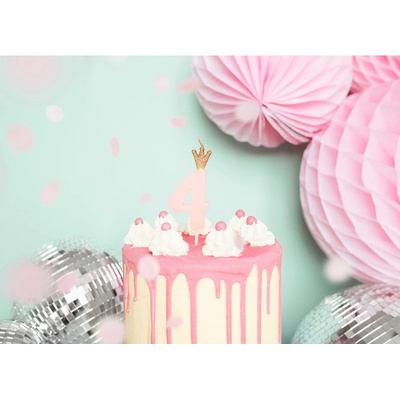 PartyDeco svíčka malá růžová s korunkou číslo 4