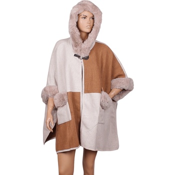 Image 1 of Модно пончо в бежово и кафяво с пух и качулка