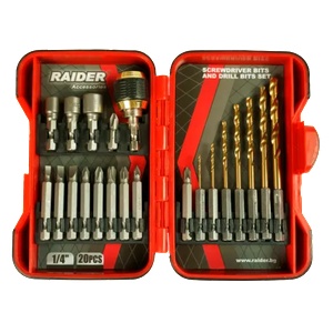 Raider Накрайници и свредла 1/4" комплект 20 броя 157797 raider