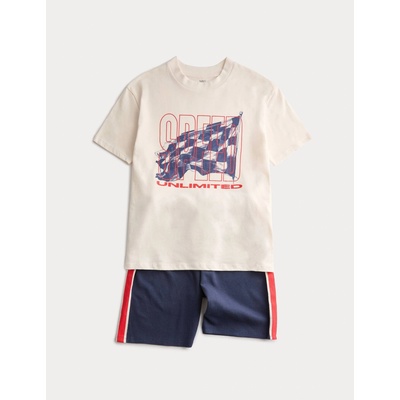 Marks & Spencer Къса пижама с графика Racing и висок дял памук (1-16 години) Marks & Spencer морска синя Marks & Spencer | Sin | Момчешки | 7-8 години