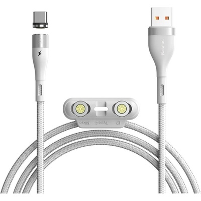 Baseus Кабел Baseus Zinc Magnetic Safe Fast Charging Data Cable (CA1T3-A02), от USB A(м) към Lightning(м)/USB C(м)/microUSB(м), магнитни накрайници, 1m, бял (CA1T3-A02 / 48158)