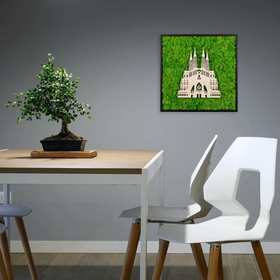 Lišejníkový obraz s dřevěným světovým monumentem Bílé dřevo, Sagrada Família