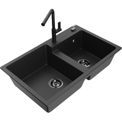 Mexen Tomas гранитна мивка с 2 отделения и кухненски смесител Flora, черен/сребрист металик - 6516-73-670401-70-B (6516-73-670401-70-B)