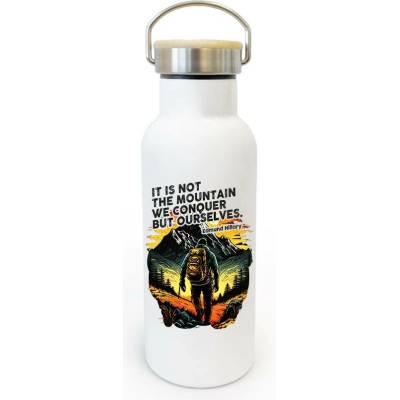 Canvas termoska s bambusovým víčkem a citátem Edmunda Hillaryho 500 ml Bílá