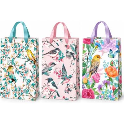 žiadna značka Darčeková papierová taška M 18 × 23 × 10 cm, vtáčiky a kvety – MIX 172