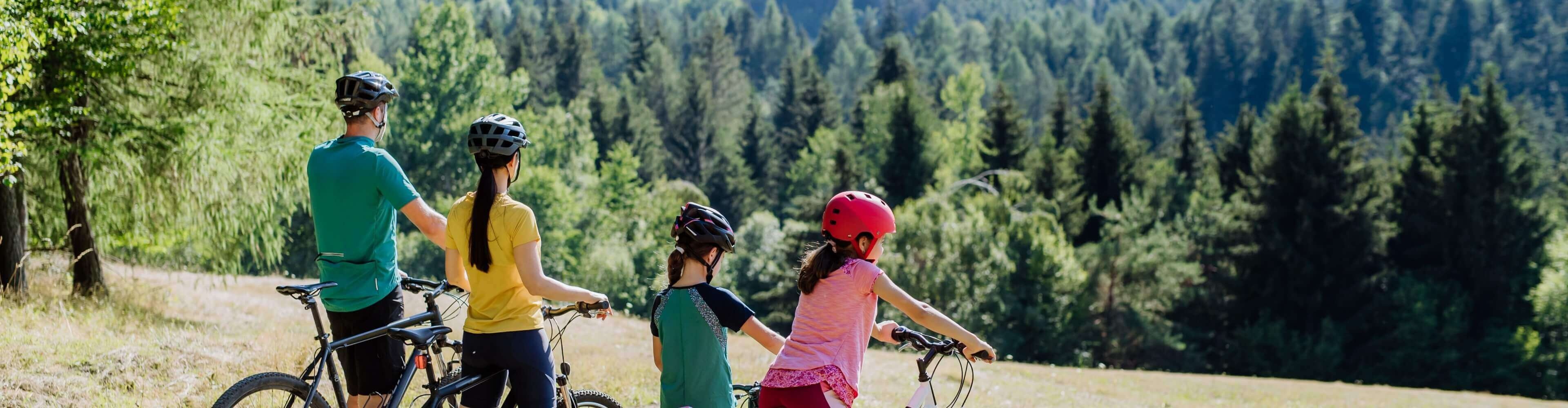 O familie în timpul unei excursii cu bicicleta la munte Echipament de ciclism pentru o excursie de mai multe zile