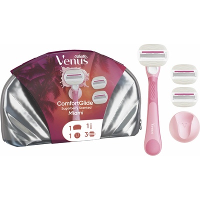 Gillette Venus Comfortglide sugarberry Miami dámsky holiaci strojček s držiakom do sprchy 1 ks + náhradné žiletky 3 ks + kozmetická taška 1 ks kozmetická sada