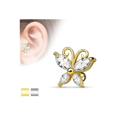 Piercingate činka do ucha motýlek PNC00129 Stříbrná/čirá