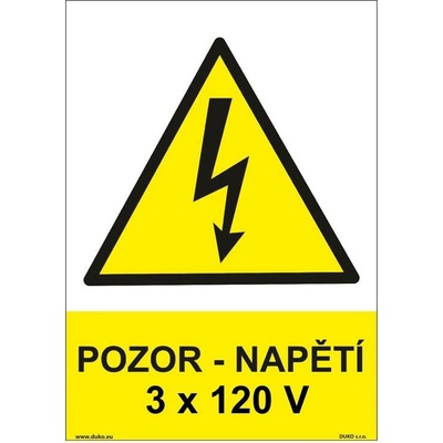DUKO POZOR - NAPĚTÍ 3 X 120 V Formát: 148 x 210 mm, Materiál: samolepící vinylová fólie