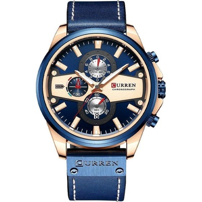 Curren Мъжки часовник Curren Vicide, Хронограф, Кожена каишка, Син / Розово злато (CURREN-8394-BLUE)