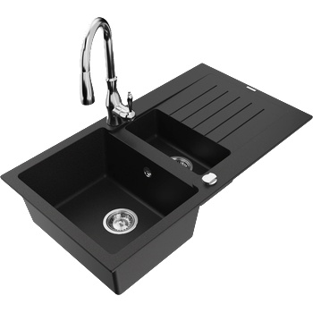 Mexen Matias гранитна мивка с 1, 5 камери с отцедник и кухненски смесител Savita, черен - 6502-77-672601-00 (6502-77-672601-00)