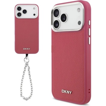 DKNY Дизайнерски кожен кейс с MagSafe и връзка за носене за iPhone 17 Pro Max - DKNY PU Leather Metal Logo Wrist Chain MagSafe Case (розов) (DKHMP17XPDHWSP)