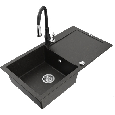 Mexen Leo мивка от гранит с 1 камера, с отцедник и кухненски смесител Savita, черен/златен металик - 6501-75-672601-70 (6501-75-672601-70)