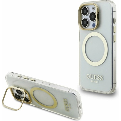GUESS IML Gold Outline Stand Camera Frame MagSafe Заден калъф за iPhone 15 Pro Прозрачен Guess | Byal | ЖЕНИ | UNI