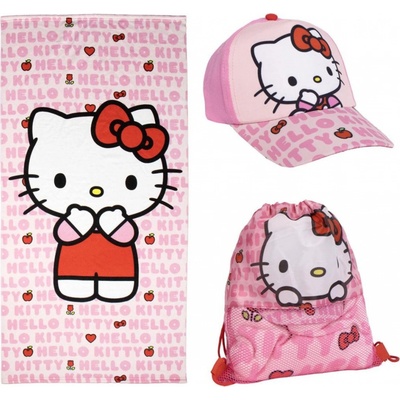 CurePink ručník osuška s kšiltovkou a pytlíkem Hello Kitty 70 x 140 cm