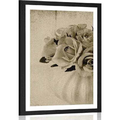 Plakát s paspartou růže ve váze v sépiovém provedení - 40x60 black