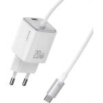 USAMS Зарядно устройство USAMS JC MINI за захранване от мрежата с гнездо Type-C 20W, GaN + фиксиран кабел Type-C, FEHÉR CC261TC02 (CC261TC02)