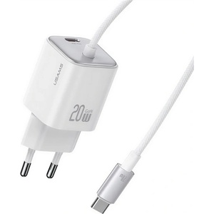 USAMS Зарядно устройство USAMS JC MINI за захранване от мрежата с гнездо Type-C 20W, GaN + фиксиран кабел Type-C, FEHÉR CC261TC02 (CC261TC02)