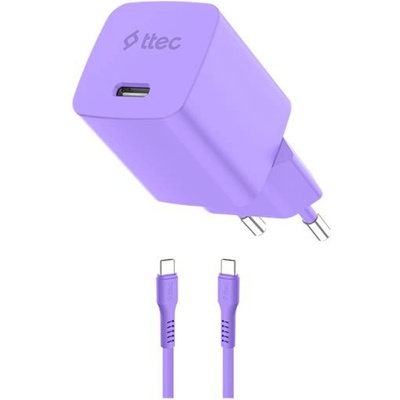 Ttec Зарядно 220V ttec SmartCharger GAN 20W PD Travel Fast Charger + USB-C - USB-C Cable 120cm - Лилаво