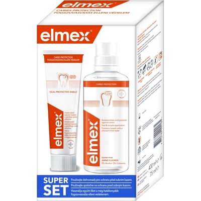 Elmex Caries Protection ústna voda 400 ml + zubná pasta posilňujúci zubnú sklovinu 75 ml darčeková sada