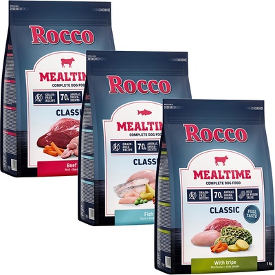 Rocco 3x1кг Rocco Mealtime суха храна за кучета, смесена опаковка говеждо, риба, шкембе