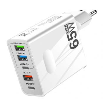 Image 1 of Planet Tech Мрежово зарядно устройство, 65W бързо зареждане, 5 порта, 3 x USB, 2 x Type-C, Универсално съвместимо iPhone, Huawei, Samsung, Xiaomi, Бяло (TRG-156New)