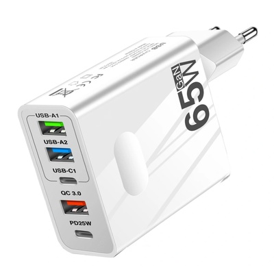 Planet Tech Мрежово зарядно устройство, 65W бързо зареждане, 5 порта, 3 x USB, 2 x Type-C, Универсално съвместимо iPhone, Huawei, Samsung, Xiaomi, Бяло (TRG-156New)