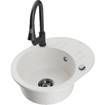 Mexen Kevin кухненска мивка от гранит с една камера, отцедник и кухненски смесител Elia, бял - 6517-20-670101-70 (6517-20-670101-70)