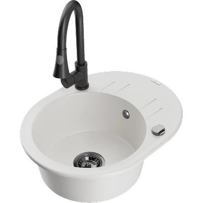 Mexen Kevin кухненска мивка от гранит с една камера, отцедник и кухненски смесител Elia, бял - 6517-20-670101-70 (6517-20-670101-70)