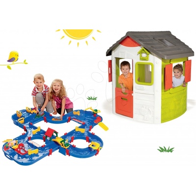 Smoby set domček Jura Lodge s dvoma dverami a vodná dráha AquaPlay 'n Go v kufríku s priehradou 810500-32