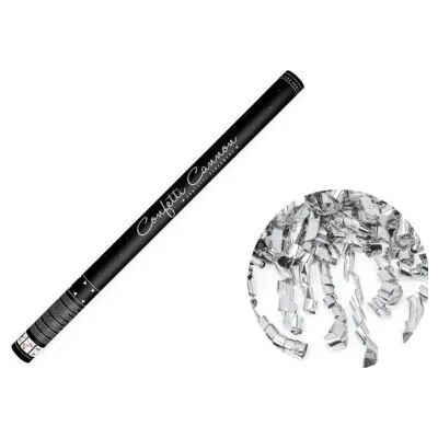 PartyDeco Vystreľovacie konfety strieborné stužky 80 cm