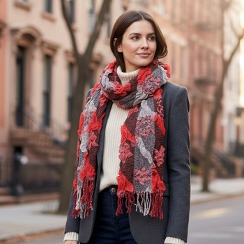 Ефектен дамски шал в кафяво и оранжево с ламе