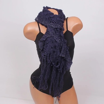 Image 1 of Дамски плетен шал в тъмносиньо с ламе и ресни